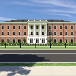 New Alumni Hall architectural rendering N View from Campus Drive