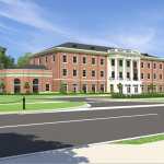 New Alumni Hall architectural rendering NE View from Campus Drive