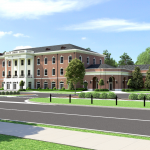 New Alumni Hall Rendering from Campus Drive architectural rendering